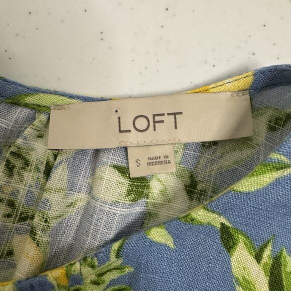 LOFT Lemon Print Tiered Swing Dress Women's Small Blue Yellow Linen Blend - Picture 6 of 13